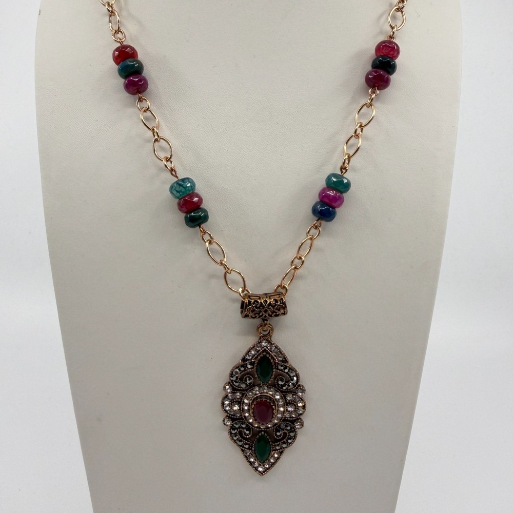 Ornate Beaded Statement Necklace Red Green Gemstone Antique Gold Tone Chain 90s